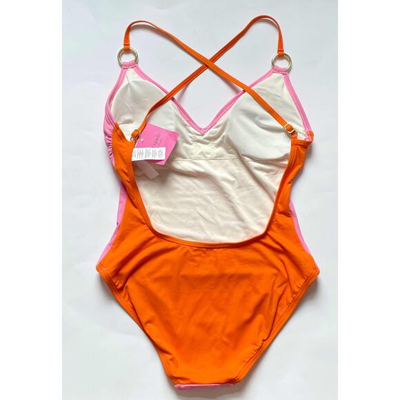 Kate Spade Color Block Gold One Piece Bathing Suit Pink Orange Medium NEW - Picture 6 of 7